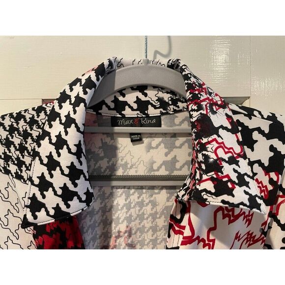 Max & Rina Houndstooth Suplice Wrap Long Sleeve Blouse Black White Red Small‎ - Picture 4 of 8